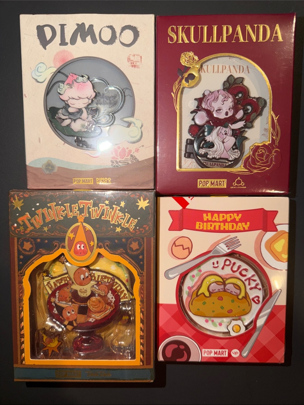 NWT POPMART BIRTHDAY-BADGES - DIMOO, TWINKLE TWINKLE AND SKULLPANDA AND PUCKY !